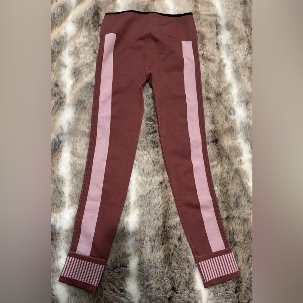 Fabletics Women’s Burgundy Leggings with Pink Stripes-Size Small